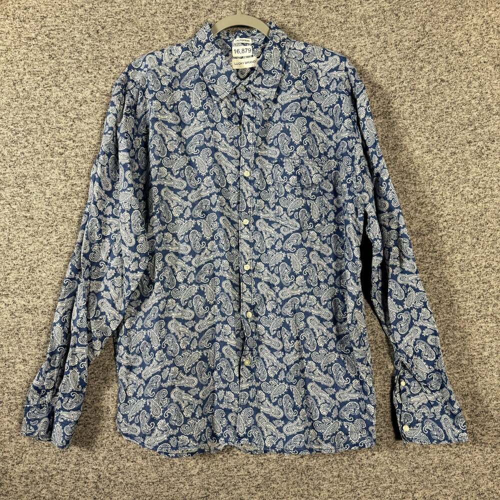 Lucky Brand Men's XL Blue Linen Paisley Button Up Long Sleeve Californian Shirt